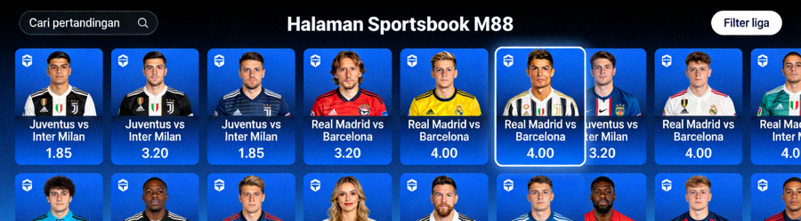 Halaman Sportsbook M88 menampilkan odds taruhan untuk pertandingan sepak bola